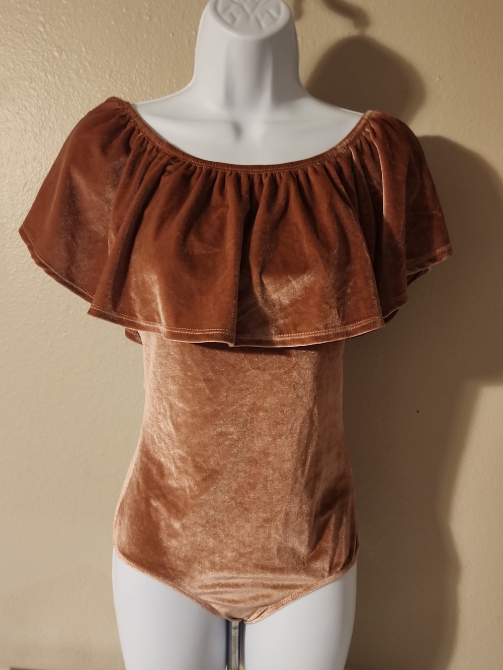love J Velvet Off-Shoulder Ruffle Bodysuit - Light Copper Brown